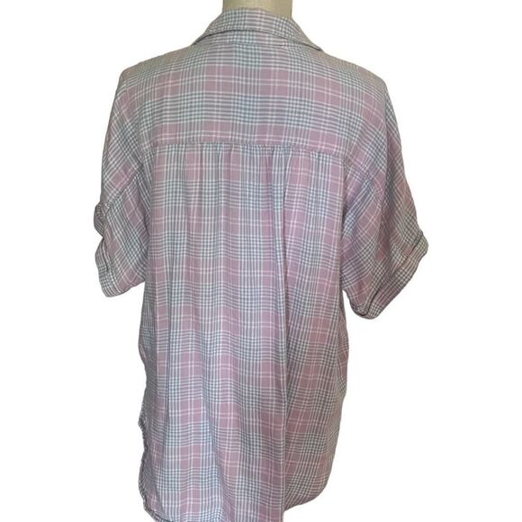 Large Pink & Gray Checkerboard Button Down V Neck Cuff Sleeve Top Gloria Van - Picture 5 of 5